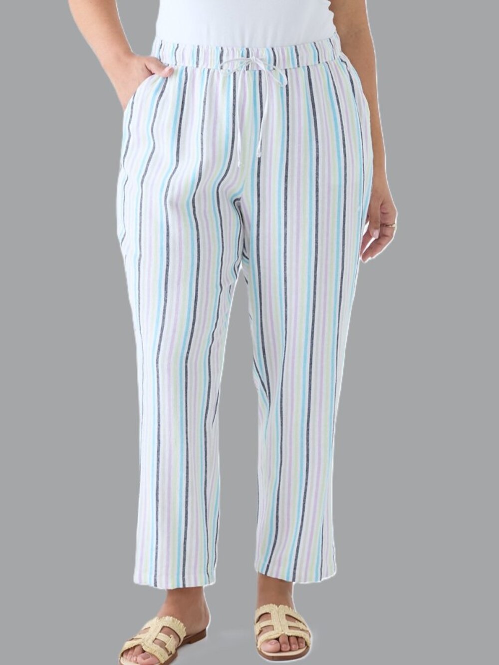 KIM ROGERS Striped Linen-Blend Trousers. Plus Size 2X